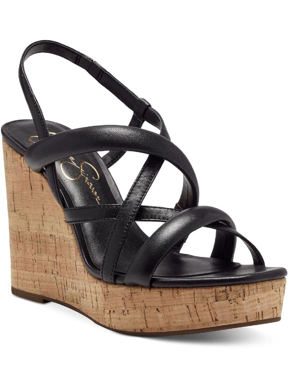 Jessica Simpson Black Cork Wedge Strappy Slingback Sandal